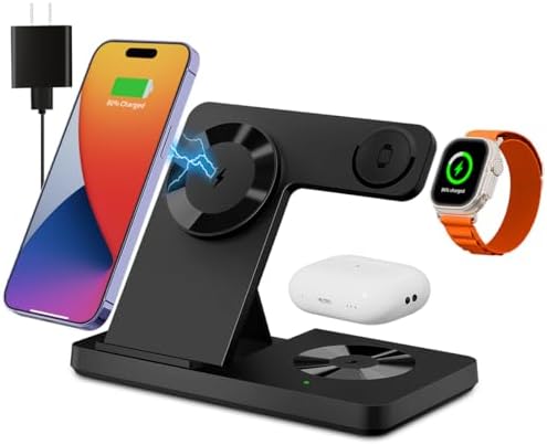 Revolutionary 3-in-1 Magnetic Wireless Charging Station for Mag Safe i Phone 12-16 Series, Effortless Charging Hub for Apple Watch (Series 2-10, Ultra, SE) & Air Pods (3, 2, Pro) – Rapid Charge Technology, Space-Saving Design, Ultimate Device Compatibility and Durability