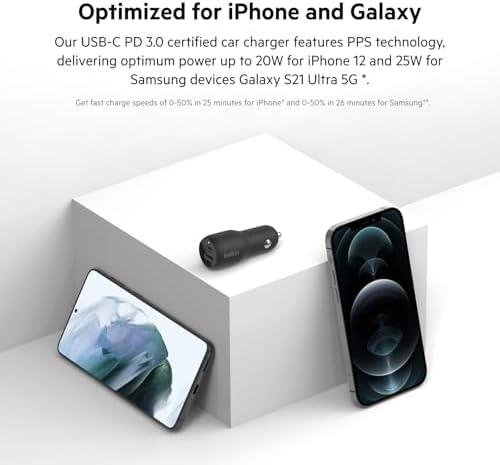 Belkin 37 W Dual USB Car Charger – Rapid Power Delivery 25 W USB-C & 12 W USB-A Ports for PPS Fast Charging – Universal Compatibility for Apple i Phone, Samsung Galaxy, Air Pods & More – Compact & Durable Design for On-the-Go Charging Efficiency