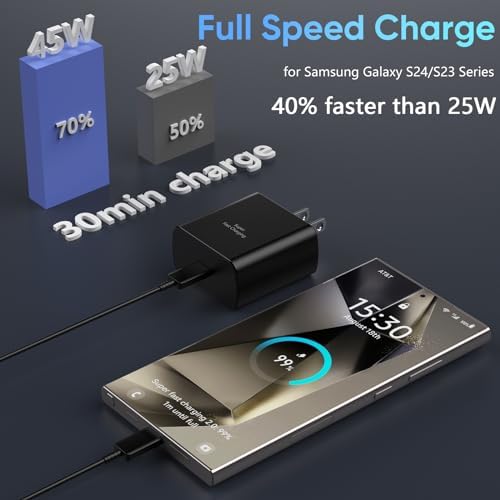 Rapid Charge 45 W USB Type C Power Adapter with 6.6 FT Cable for Samsung Galaxy – Ultimate Fast Charging Solution for S25/S25 Ultra/S24/S23/S22/Note Series – Enhanced Compatibility and Robust Build for Daily Demands