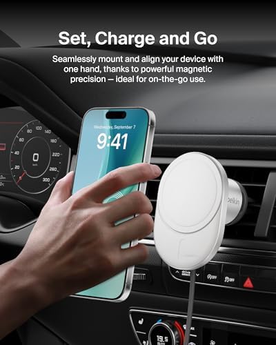 Effortless On-the-Go Charging: Belkin 15 W Magnetic Wireless Car Charger – Qi2-Certified, Mag Safe-Compatible Vent Mount for i Phone 12-16 & Samsung Galaxy S25 – Sleek Gray Design for Enhanced Device Stability and Fast Power Delivery