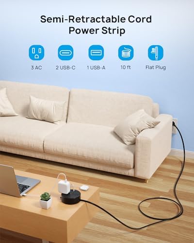 Compact TROND 20 W USB-C Travel Power Strip – Retractable 5 ft Extension Cord with 3 AC Outlets for Fast Charging, Perfect Cruise Ship Essential, Ultra-Thin Flat Plug for Home & Dorm Use – Stay Organized & Connected Anywhere
