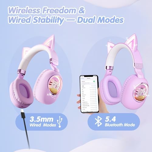 Bluetooth Cat Ear Kids Headphones – Wireless & Wired Over-Ear Noise Cancelling with Microphone, LED Lights, 85 d B Volume Limit for Safe Listening – Ideal for Travel & Home Use, Ultimate Comfort & Compatibility
