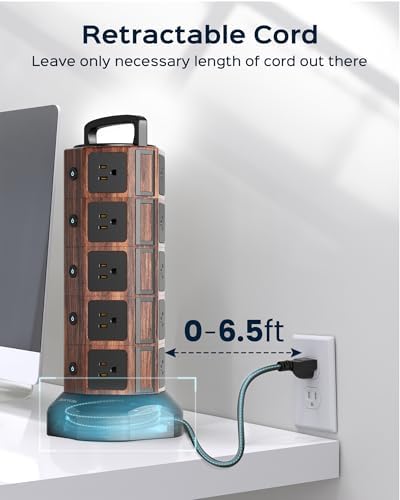 JACKYLED 20-Outlet Power Strip Tower Surge Protector with 6 Fast USB Ports – 1050 Joules Safety Shield, 13 A Desktop Charging Station with 6.5 ft Heavy-Duty Cord, Elegant Black Walnut Design for Home, Office & Garage Use – Ultimate Device Power Solution