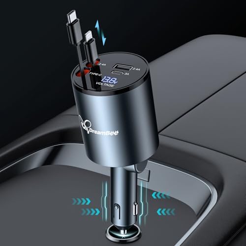 Ultimate 68 W 4-in-1 Retractable Car Charger – Rapid Dual USB Charging Adapter for i Phone 15/14/13/12 Pro Max, Samsung, Pixel & More – Tangle-Free Cables (31.5 inches) for On-the-Go Convenience and Enhanced Device Compatibility