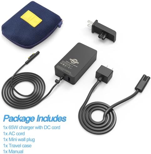 High-Speed 65 W Universal Charger for Microsoft Surface Devices – Compatible with Surface Pro 10, 9, 8, 7+, X, Studio, Go & Surface Book | UL Certified for Safe & Fast Charging | Includes 10.1 FT Cord & Travel Case for On-the-Go Convenience | Dual USB Port for Simultaneous Device Charging