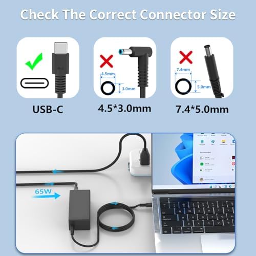 High-Efficiency 65 W USB-C Charger for HP Chromebooks and Elite Books – Fast Charging AC Adapter for Pro Book 440/450 & X360 Series – Universal Compatibility Ensuring Optimal Performance – Ideal Replacement for 45 W HP Chargers with Enhanced Power Delivery
