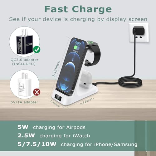Transform Your Charging Experience with the DDUAN 3-in-1 Wireless Charging Station – Fast Charge Your i Phone, Apple Watch, and Air Pods Together with Included QC3.0 Adapter – Sleek White Design for Streamlined Power Management and Clutter-Free Setup