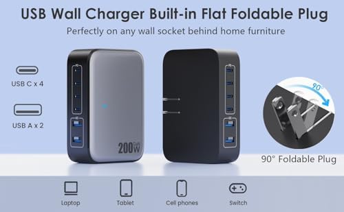 200 W USB C Charging Hub with 6 Ports – Ga N IV Foldable Wall Charger for Rapid Device Power-Up, PD 65 W Laptop Charger for Mac Book Pro, Dell, i Phone 16/15, i Pad, Galaxy & Steam Deck – Compact & Travel-Friendly Fast Charging Solution