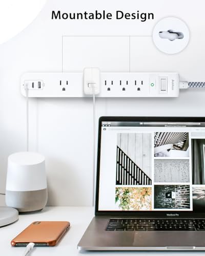 6 Ft Surge Protector Power Strip with 5 AC Outlets & 2 USB-C Ports – Space-Saving Flat Extension Cord for College Dorms & Home Office – Reliable Desktop Charging Station in Sleek White Design – Enhanced Surge Protection for Optimal Device Safety