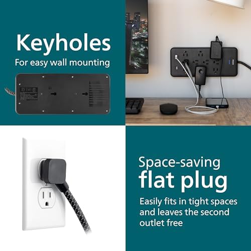 Philips EZFit Surge Protector with 3 Outlet Power Strip and 6 ft Braided Cord – Enhanced Charging Station Featuring 2 USB-A and 1 USB-C, 490 Joules of Surge Protection, Space-Saving Design in Sleek White for Home and Office Use