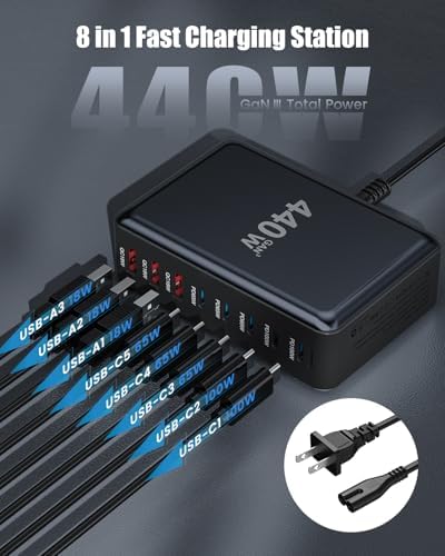 Powerful 440 W Ga N III USB-C Charging Hub with 8 Ports – Fast Multi-Device Charger for Mac Book Pro, i Phone 16/15, Samsung Galaxy & Dell – Versatile Charging Station with 5 ft Extension Cord for Ultimate Convenience and Efficiency