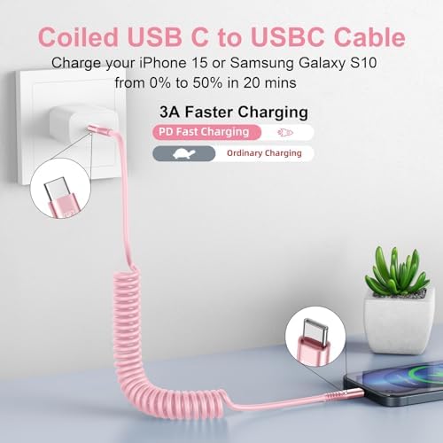 KIYODA 6 ft Coiled USB C to USB C Cable (2 Pack) – Efficient Fast Charging & High-Speed Data Transfer for i Phone 16/15/Plus/Pro/Pro Max & Samsung Galaxy S23 – Tangle-Free, Durable & Portable Solution for Home and Travel Needs