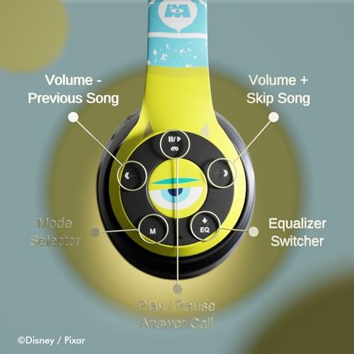 Monsters, Inc. Bluetooth Over-Ear Headphones – Immersive Audio Quality with Built-In Microphone, 15-Hour Wireless Playtime – Ultimate Disney Gift for Pixar Fans and Music Aficionados of All Ages