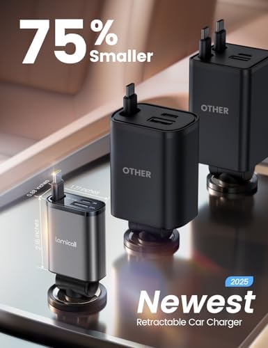 Ultra-Compact Lamicall Retractable Car Charger – 57 W USB-C Fast Charging for i Phone 16, Galaxy S25, Pixel Android | Space-Saving Design with Enhanced Compatibility & Safety Features for Quick On-the-Go Charging