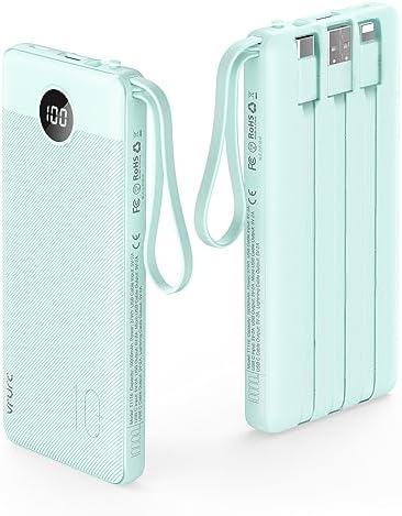 VRURC 10000 m Ah Portable Power Bank with Integrated Cables and LED Battery Indicator – Slim, Lightweight Travel Charger with Dual Input and Five Outputs for Effortless Device Charging – Ideal for Smartphones and Tech Gadgets – Stylish Blue Design (1 Pack) – Ultimate Convenience and Compatibility