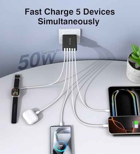 50 W 5-Port USB C Charging Hub – Ultimate Fast Charger for i Phone 16-11 Pro Max & Samsung Devices – Dual PD & QC Technology for Unmatched Performance – Compact, Durable Wall Adapter for Home, Office, and Travel Convenience