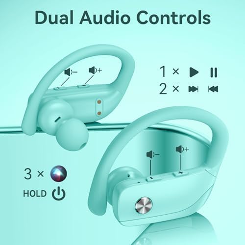 Bmani Bluetooth Wireless Earbuds: 48-Hour Playtime Sport Headphones with LED Battery Display, Mint Green Over-Ear Design featuring Secure Earhooks and Built-in Mic for Ultimate Workout Performance and Enhanced Compatibility