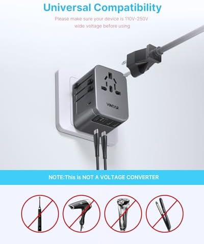 VINTAR Universal Travel Adapter: All-in-One Power Converter with 6 A Output, 3 USB-C and 2 USB Ports for Fast Global Charging Across Europe, UK, USA, and Australia – Essential Travel Accessory for Effortless Device Connectivity and Safety Features