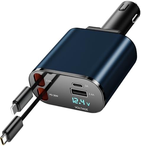 Ultimate 4-in-1 Retractable Car Charger for Galaxy & Pixel Devices – 60 W Fast Charging with Dual USB Ports and Tangle-Free Cable Design for Enhanced Convenience and Performance