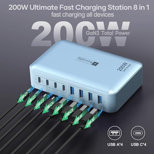 Transform Your Charging Routine with the 200 W 8-Port Fast Charging Hub – Multi-Device USB Station Featuring 65 W Laptop Adapter, Space-Saving Flat Plug, Durable Braided Cable, and User-Friendly On/Off Power Control for Optimal Performance and Safety