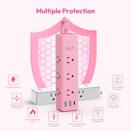 Stylish Pink Surge Protector Power Strip by NTONPOWER – 15 FT Flat Extension Cord with 9 AC Outlets & 3 USB Ports (1 USB-C), 1080 J Surge Protection for Home, Dorm, and Desk Use – Perfect for Women Seeking Efficiency and Aesthetic