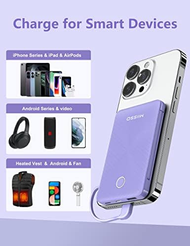 Ultra Slim 6000 m Ah Power Bank with Built-In USB C Cords – Card-Sized Portable Charger for Effortless On-the-Go Charging, Triple Output for i Phone, Samsung, Google Devices – Stylish and Compact Battery Pack for Enhanced Efficiency and Versatility