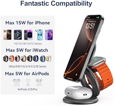 Ultra-Fast 3-in-1 Magnetic Wireless Charging Station for Apple Devices – Foldable Aluminum Alloy Dock for i Phone 16/15/14/13/12, Apple Watch & Air Pods with 20 W Adapter – Portable Power Solution for Travel Enthusiasts and Tech Savvy Users
