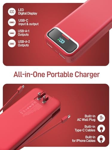 Ultimate 20,000 m Ah Portable Charger with Built-in Cables & AC Plug – Super Fast PD20 W & SCP22.5 W USB-C Power Bank for Quick Device Charging – LED Display & Universal Compatibility for i Phone, Samsung & More – Essential Travel Accessory for On-the-Go Power Solutions