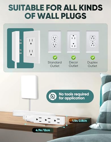 Revolutionize Your Power Access with the Outlet Concealer Power Strip – 3 AC Outlets, 5 ft Flat Plug Extension Cord for Home, Office & Kitchen – Child & Pet Safe Design, Universal Compatibility, 1625 W Capacity, Ideal for Streamlined Electronics Management