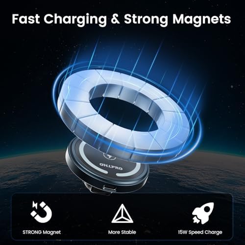 OHLPRO Mag Safe Car Charger Mount for i Phone 16/15/14/13 Pro Max – 15 W Fast Charging Phone Holder with 360° Rotation, Secure Adhesive Base for Tesla and Other Vehicles, Ultimate Magnetic Car Accessory for Safe Driving and Hands-Free Navigation – Perfect Gift for Tech Enthusiasts and Road Warriors