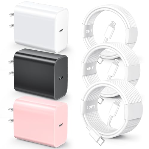 MFi Certified 20 W Fast Charger Bundle for i Phone 14, 13, 12, 11 – 3 Pack USB-C Charger Blocks with 3 FT, 6 FT, & 10 FT Lightning Cables – Ultimate Compatibility & Rapid Charging Solution for i Phone Models Including Pro, Pro Max, Xs, Xr – Portable & Durable Design for Home, Office, & Travel