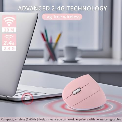 Ergonomic Left-Handed Wireless Mouse – Sleek Pink 2.4 GHz Vertical Design with Customizable DPI, Quiet Click, and 6 Buttons for Enhanced Comfort and Productivity on Laptops and Desktops
