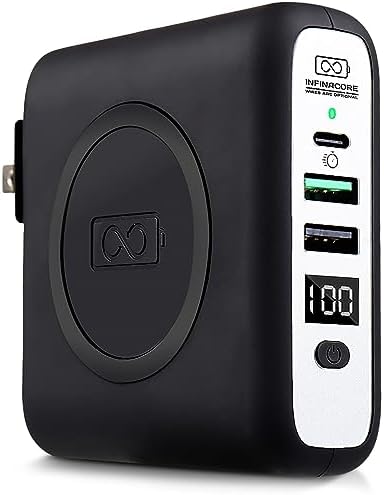 Infina Core P3 8000 m Ah Portable Power Bank: Ultra-Fast 18 W USB-C Charger with 4-in-1 Functionality, Qi Wireless Compatibility, and Travel-Ready Foldable Plug for Effortless Device Charging on the Go