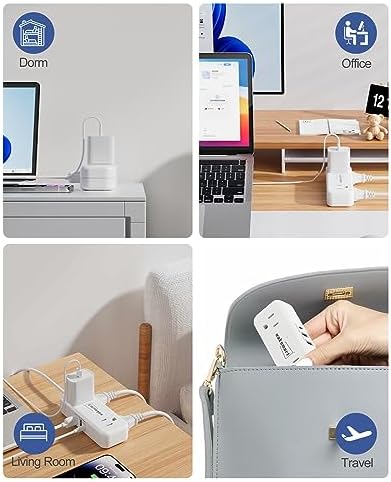 Sleek Flat Plug Power Strip with 5 Ft Extension Cord – 4 AC Outlets & 3 Fast-Charging USB Ports (5 V/3.4 A) – Compact Travel-Friendly Power Solution for College Dorms, Home Offices, and On-the-Go Charging – Maximize Space and Connectivity