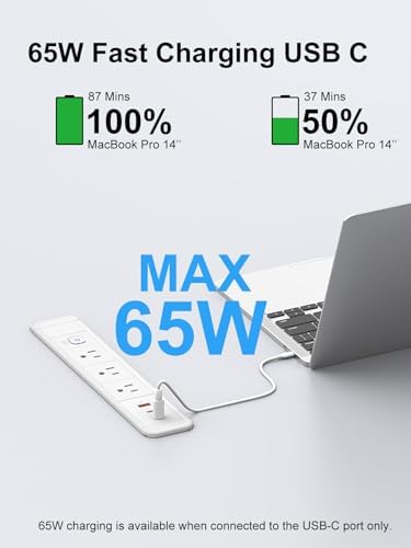 Recessed USB C Power Strip with 65 W Fast Charging – Sleek Desk-Mounted Outlet Kit Featuring 3 AC Outlets and 6 ft Flat Plug Cable for Organized Home, Office & Kitchen Spaces – Ultimate Surge Protector and Space-Saving Charging Solution
