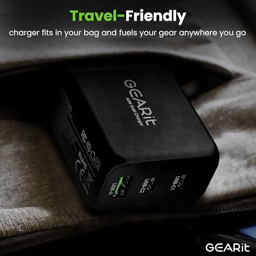 Power Up Your Devices Efficiently with the GEARit 65 W Ga N USB-C Triple-Port Fast Charger – PD 3.0 Wall Adapter for Seamless Charging of Apple, Samsung, Google, and Dell Devices – Compact, Lightweight Design with Superior Safety Features for Fast Multi-Device Power Delivery