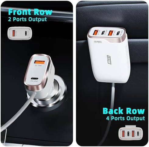 Experience Rapid Roadside Charging with SUNDA 120 W USB C Fast Car Charger – 4-Port Adapter Featuring Dual Type C PD60 W/PPS60 W for i Phone 16/15 Pro/Max/14 & Samsung Galaxy S24, Plus Dual USB-A 30 W QC3.0 for All Android Devices – Compact, Durable, and Universally Compatible for Effortless Multi-Device Charging on the Go