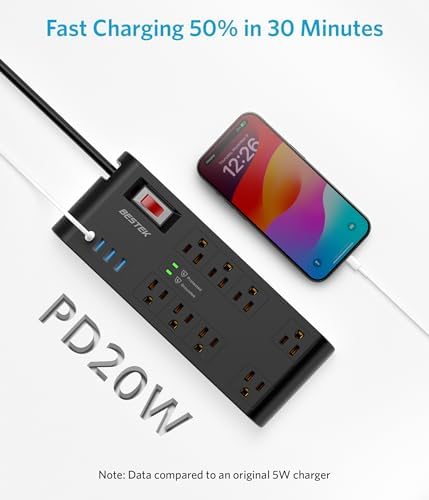 BESTEK 8-Outlet Power Strip with 5-Foot Extension Cord: Multi-Port USB Charging Hub Featuring 3 USB-A (2.4 A) & 1 USB-C (3 A) | 1625 W Max Output with 600 Joule Surge Protection for Enhanced Device Safety | Ultra-Compact Design for Home & Office Efficiency