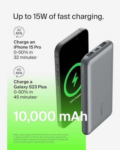 Belkin 10,000 m Ah Portable Charger – Fast Charging USB C Power Bank with Dual USB-A Ports for Multiple Devices, Includes Type-C to Type-A Cable, Compatible with i Phone 16, Samsung Galaxy S25, Nintendo Switch 2, i Pad & More – Lightweight Blue Design for Effortless Portability and Enhanced Power Delivery