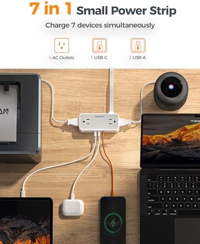 TESSAN 5 FT Flat Plug Extension Cord with 4 AC Outlets, 1 USB-C & 2 USB-A Ports – 900 Joules Surge Protector Power Strip for Home Office & Dorm Room – Maximize Charging Efficiency & Space Savings with Versatile Power Accessory
