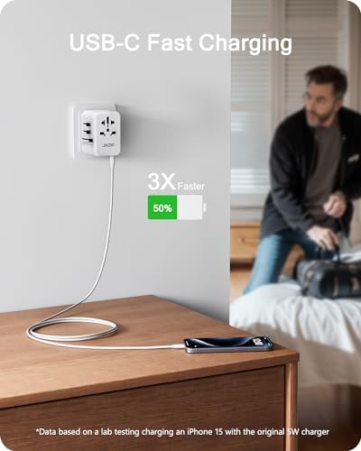 LENCENT 85 W Universal Travel Adapter with Retractable USB-C Cable – High-Speed International Plug Converter Featuring 3 Type-C & 1 USB-A Ports for Effortless Worldwide Charging – Your Ultimate Travel Essential for Maximum Compatibility, Fast Charging, and Ga N Technology Efficiency