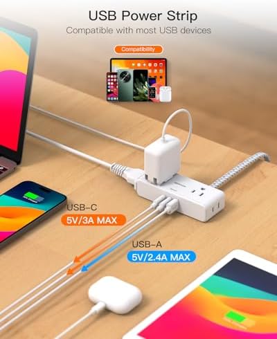 BESHON 10 ft Flat Plug Extension Cord with 4 Wide Outlets & 3 USB Ports (2 USB-C) – Versatile Power Strip for Home, Office & Dorm – Space-Saving Design with Surge Protection & Fast Charging Capabilities