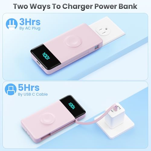 10800 m Ah Portable Charger with Built-in Cables & Wall Plug – 6-in-1 Power Bank for i Phone 16/15/14, Android, Apple Watch – Ultra-Fast QC4.0 & PD Charging with LCD Display – Slim, Lightweight Design for Travel & Outdoor Use – Charge 5 Devices Simultaneously – Hassle-Free Charging Solution with 24-Month Warranty