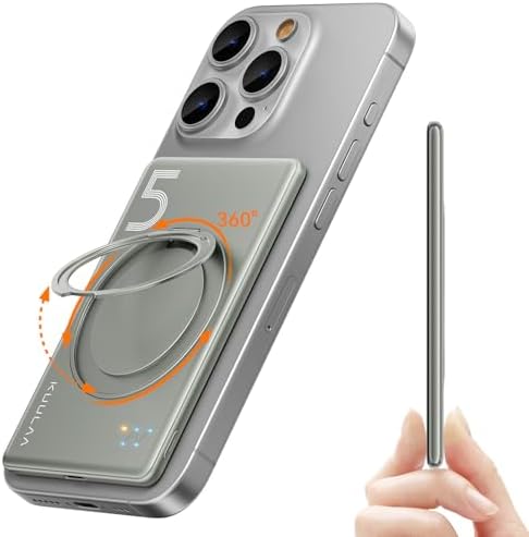 Kuulaa Slim Magnetic Portable Power Bank for i Phone – 5000 m Ah PD 20 W Fast Charging Battery Pack with Rotating Stand for Mag Safe Compatible i Phone 12/13/14/15/16 Series (Titanium Finish) – Ultimate On-the-Go Charging Solution Kuulaa Slim Magnetic Portable Power Bank for i Phone – 5000 m Ah PD 20 W Fast Charging Battery Pack with Rotating Stand for Mag Safe Compatible i Phone 12/13/14/15/16 Series (Titanium Finish) – Ultimate On-the-Go Charging Solution