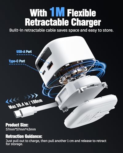 Versatile 3-Port USB Wall Charger with 39.4-Inch Retractable Type C Cable – 35 W Fast Charging Adapter for i Phone 16/15 Pro Max, i Pad, Galaxy, Pixel – Compact Travel Essential for Universal Device Compatibility