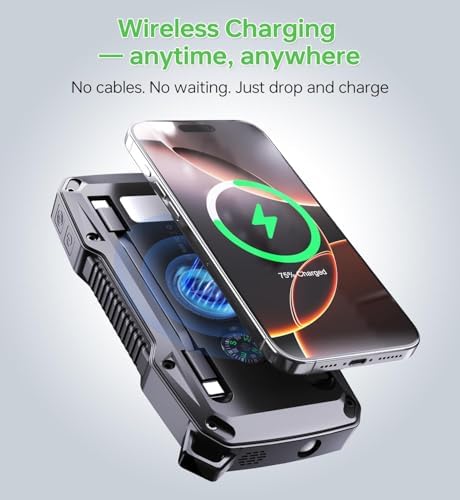 10,000 m Ah Solar Power Bank with Motion Sensor Alarm – 22.5 W Dual USB-C Fast Charging, Waterproof & Rugged for Outdoor Adventures – Includes LED Flashlight & Essential Cables for Hiking, Camping, and Emergencies