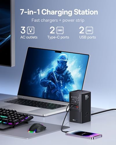 Baseus 10-in-1 USB C Charging Hub – 35 W High-Efficiency Power Station with 6 AC Outlets, Dual USB-A & USB-C Ports for Rapid Device Charging – Ultimate Solution for Home, Office, and Dorm with Advanced Safety Features for Mac Books, Tablets, and Smartphones