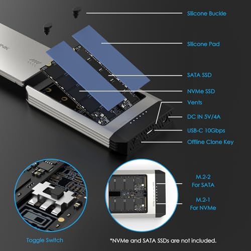 WAVLINK 20 Gbps Dual-Bay M.2 SSD Cloner – Tool-Free NVMe Duplicator for PCIe 2230/2242/2260/2280, Effortless Offline Cloning for Up to 8 TB SSDs, Compatible with AHCI, Streamline Your Data Management with Superior Speed and Efficiency