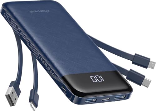 Sleek 10,000 m Ah Multi-Device Portable Charger with Built-In Cables – High-Speed 3 A Power Bank for i Phone, Samsung, Pixel, LG, Moto, i Pad – Ultimate Travel Essential with 6 Outputs for Effortless Charging on the Go
