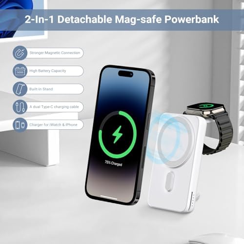 DDUAN 10000 m Ah Mag-Safe Wireless Power Bank – Dual Charging Solution for i Phone 15/14/13/12 & All Apple Watch Series with USB-C Cable – Sleek Portable Design for On-the-Go Convenience and Fast Charging Performance